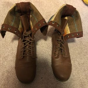 Brown and plaid combat boots